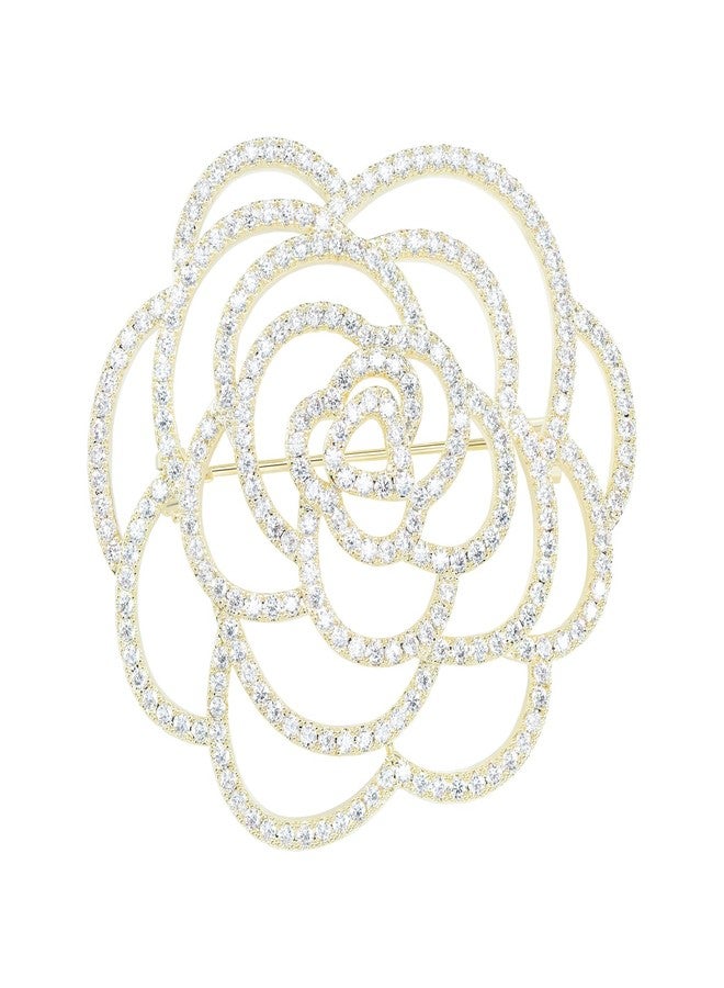 VVCome Sparkling Crystal Cut Rose Flower Pave Crystal Camellia Boutonniere Pin Brooch Corsage Blooming Heart Shaped Floral Jewelry for Women (Large Gold) - Image 1